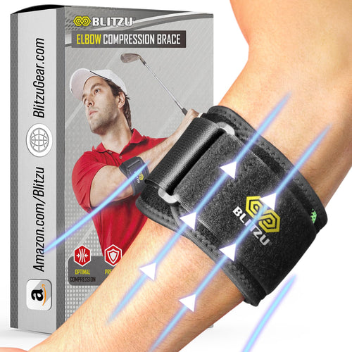 BLITZU Elbow Brace for Tennis & Golfers Elbow. Adjustable Elbow Strap for Tendonitis Pain Relief with Compression Pad. Counterforce Band Support for Sports Men and Women.